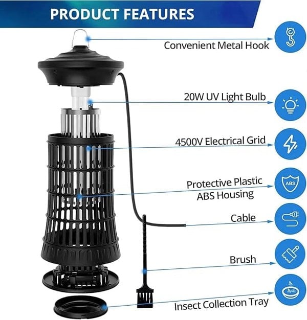 The bug zapper being shown piece by piece