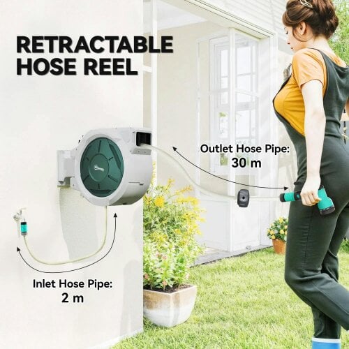 Bobobiy Retractable Hose Reel Wall Mounted, 30+2m Garden Hose Pipe Reel with Lock, 7 in 1 Spray Nozzle, 180° Swivel, 59 x 23 x 42 cm, Grey