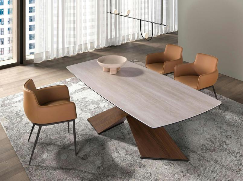 Angel Cerdá Oval dining table with barrel-shaped porcelain marble and walnut top 1175