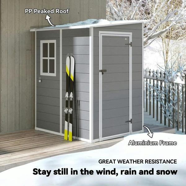 Grey lean-to storage shed with PP peaked roof, double doors and window panels