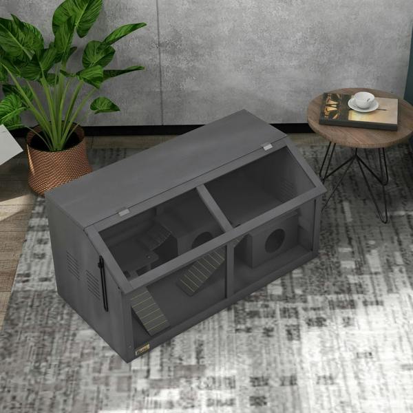 Charcoal grey wooden hamster cage with open top and multi-level interior