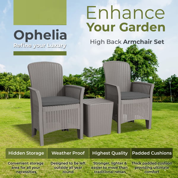 Homeology OPHELIA 3-Piece Rattan Garden Furniture High Back Armchair Set with Side Table in Grey