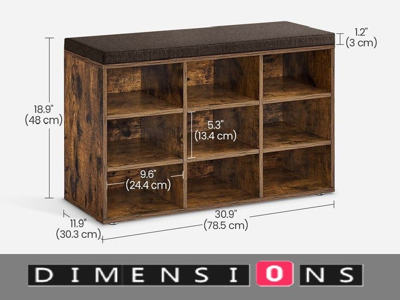 Modcraft Storage Shoe Bench with Padded Seat and Cushion, 9 Compartments with Adjustable Shelves