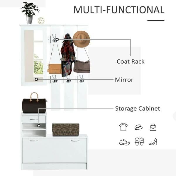 White coat rack with mirror and wall hooks, plus storage cabinet and drawers