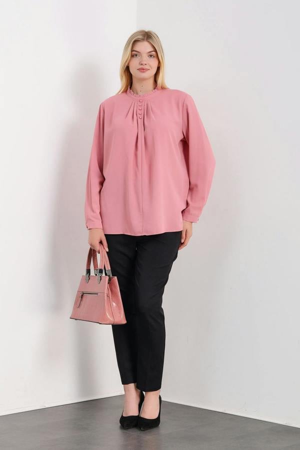 Hoxton Gal Oversized Ruffle Neck Top with Long Sleeves in Pink