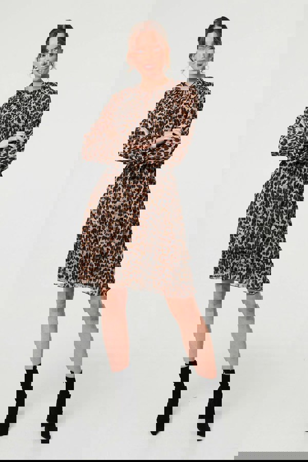 Brown | Animal Print Ruched Tie Neck Short Dress
