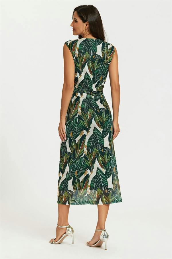 FS Collection Leaf Print Mesh Maxi Dress In Green