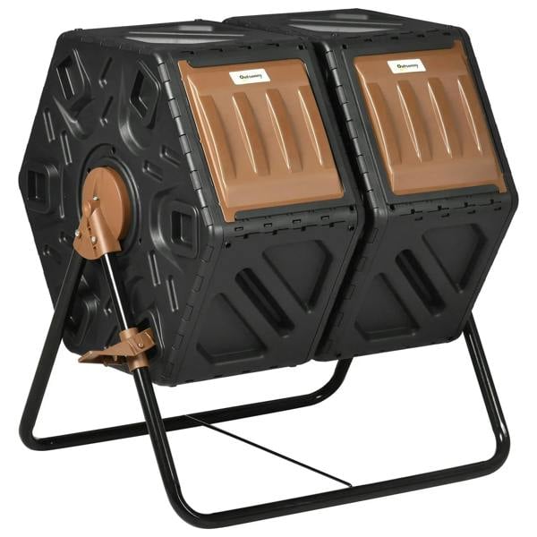 Dual-chamber composter in black with two tan access doors and freestanding metal frame