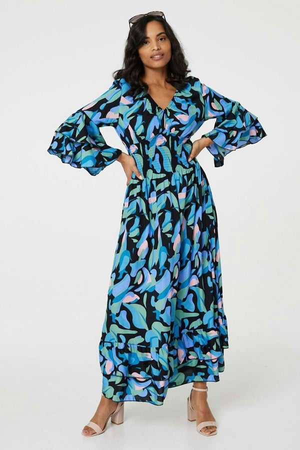 Blue | Printed Ruffle Hem Empire Maxi Dress
