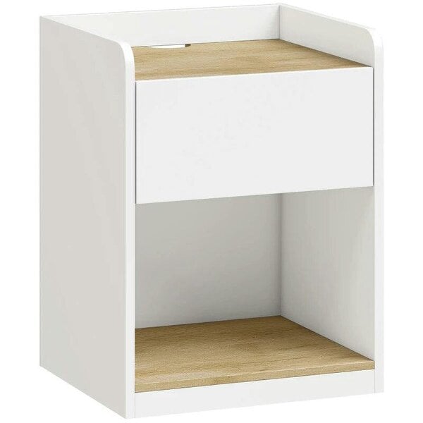 Modern Bedside Table, Slim Nightstand with Drawer, Shelf and Cable Holes, White and Oak