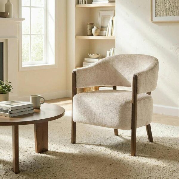 Accent Chair, Chenille Upholstered Tub Chair with Wide Seat, Solid Wood Frame and Legs, Comfy Armchair, Beige