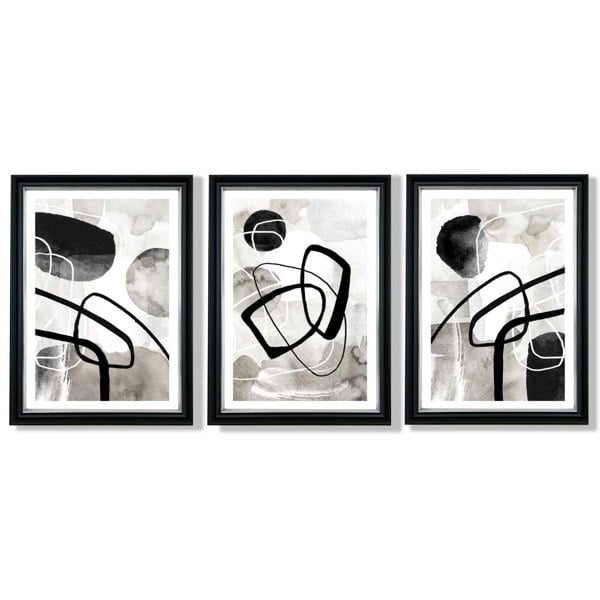 Artze Wall Art Set of 3 Abstract Black Grey Watercolour Framed Wall Art