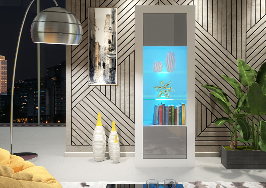 Mex Furniture 170cm Modern Display Cabinet – Grey High Gloss Doors