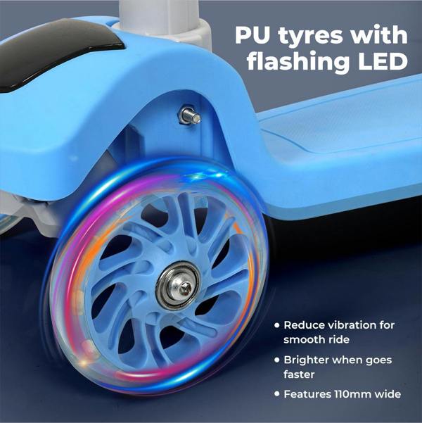 Dekko Foldable Kids Scooter Adjustable Height Flashing LED Music 3 Wheels Blue