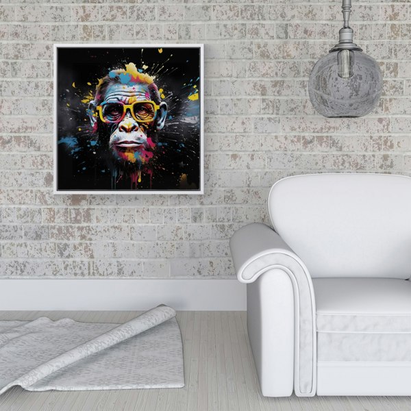 Warren Reed Coloured Splash Art Monkey Face Framed Canvas