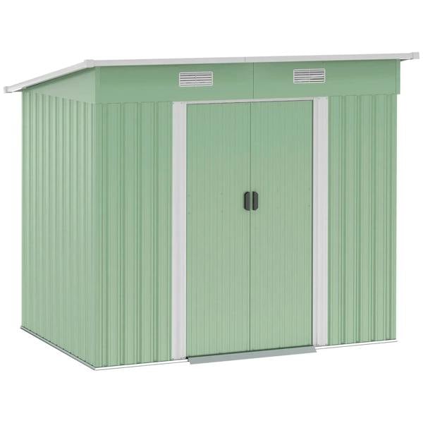 Light green metal storage shed with closed double sliding doors and front handle