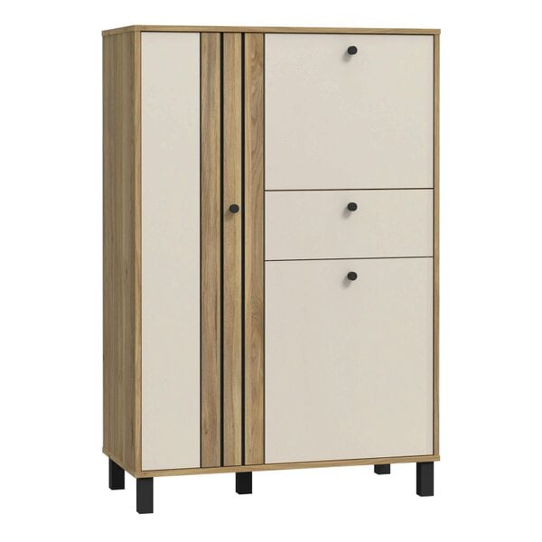 Wyld Haus Pebblethorn Cream and Natural Oak Wood 3 Door 1 Drawer Cabinet