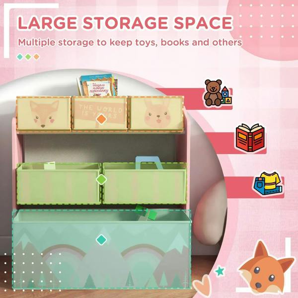 Pink kids storage unit with open compartments and fabric bins for toy, book, and storage space