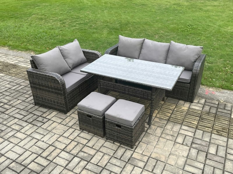 Fimous Outdoor Garden Patio Furniture Wicker Rattan Oblong Rectangular Dining Table and Lounge Sofa set with 2 Small Footstools Dark Grey Mixed