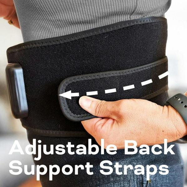 A person fastens a black Reviber Zen Physio Back Therapy Belt around their waist. A white dashed arrow shows how to pull. Text: Adjustable Back Support Straps by Reviber for effective back therapy.