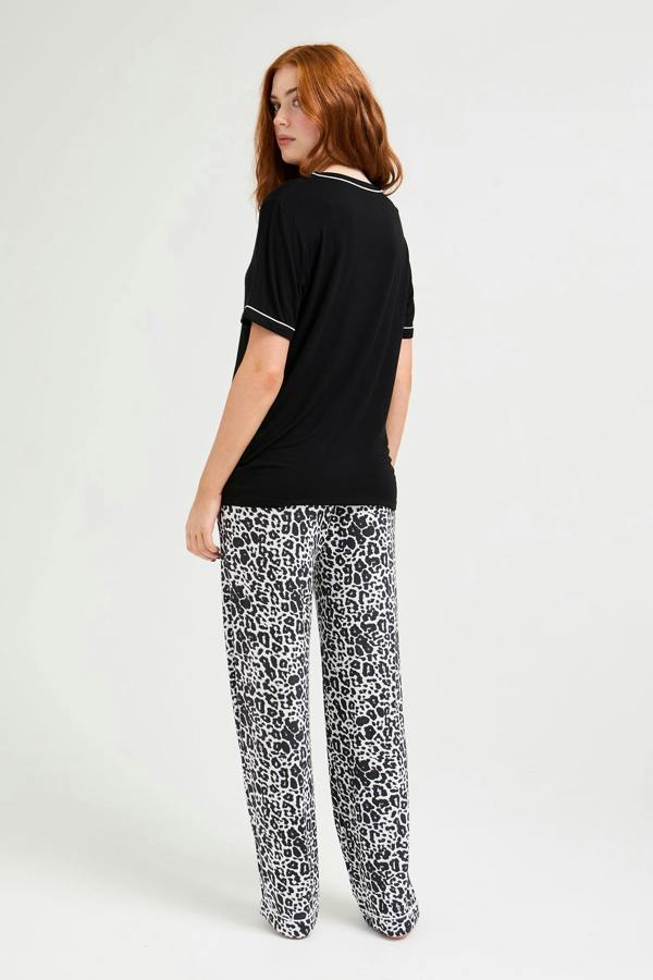 Bamboo Tee and Trouser Set in Black / Luxe Leopard - Pajamas