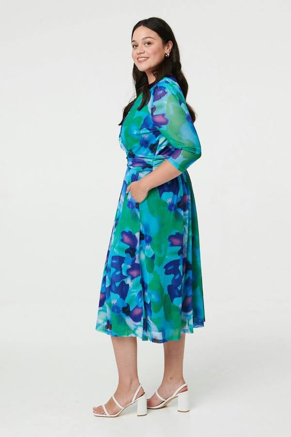 Blue | Curve Printed Pleated Wrap Midi Dress