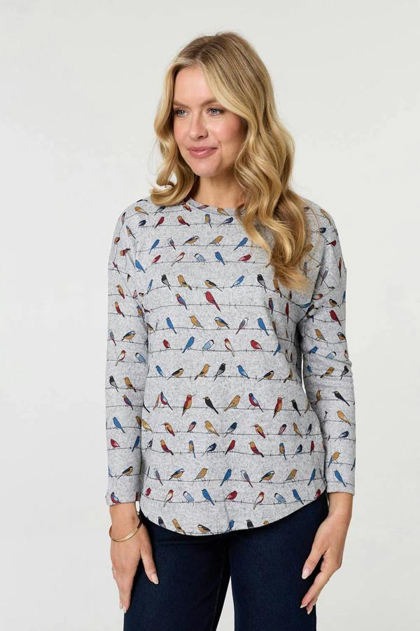 Grey | Printed Long Sleeve Curved Hem Top