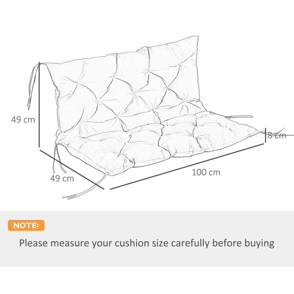 Black bench cushion pad with backrest, tufted design, size markings shown