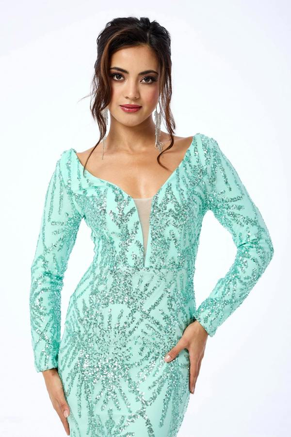 LuvForever Eliza - Mint Long Sleeve Sequin Maxi Dress