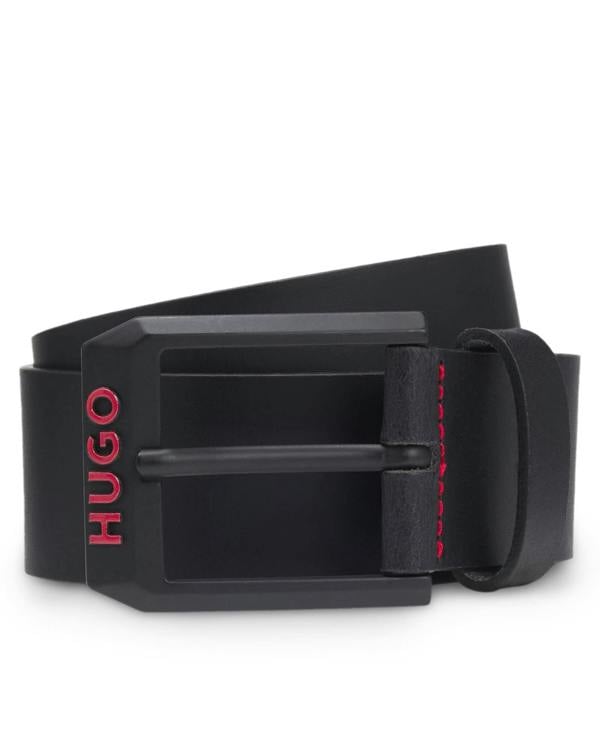 HUGO Gelio B Mens Italian-Leather Belt with Angular Logo Buckle  - Black 001 | CHO | Designer Mens Belts