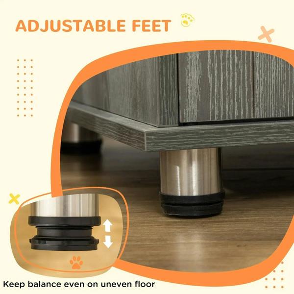 Adjustable feet feature graphic showing height-adjustable base for uneven floors