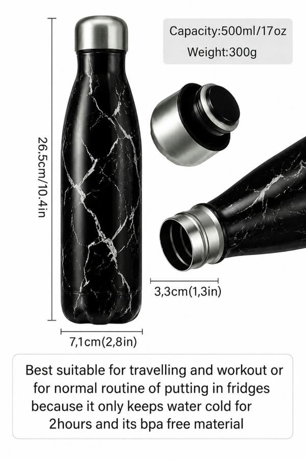 Dyzi 500ml Stainless Steel Water Bottle Leak Proof Black Marble