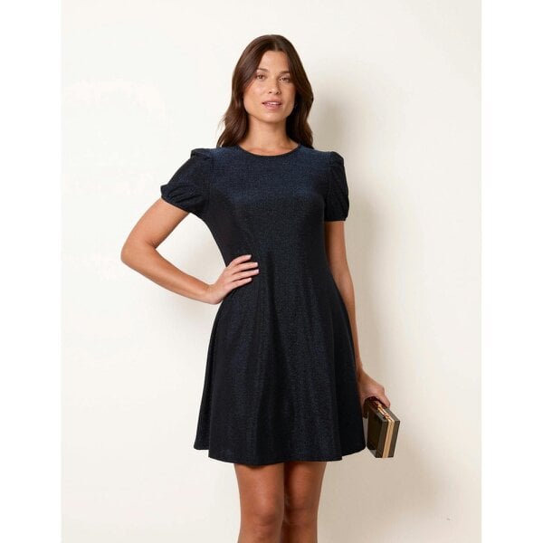 Blue Vanilla Metallic Puff Sleeve Swing Dress