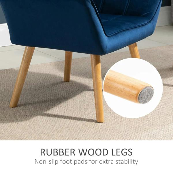 Blue armchair with light wooden legs and non-slip rubber foot pads