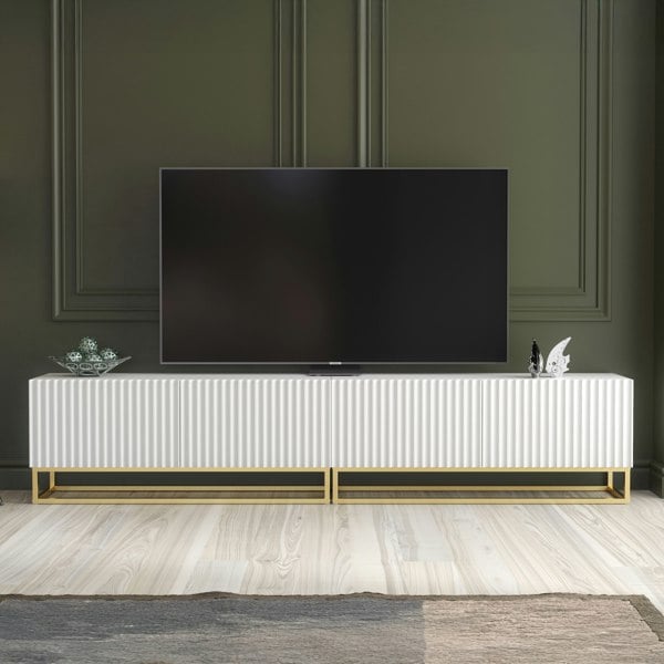 Mex Furniture Modular White TV Unit with Gold Base 200cm – Fluted Fronts & Push-Down Doors