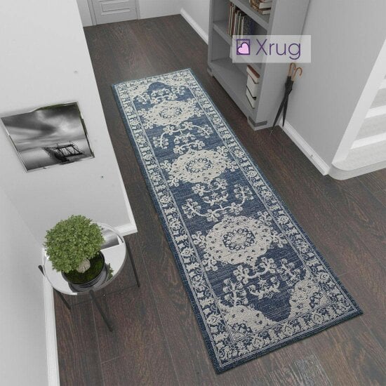 Cotton Rug Machine Washable Navy Blue Grey Oriental Pattern Flat Weave Carpet Runner Large Small - 75x300cm (2'5"x9'8")
