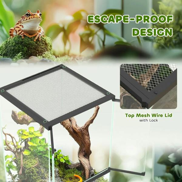 Black glass reptile terrarium with top mesh wire lid and locking rim