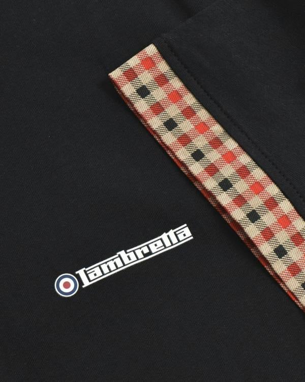 Lambretta Mens Classic Dress Gingham Mod Retro Ska Casual Polo, close-up of black fabric with a checked pattern on the collar and the Lambretta logo.