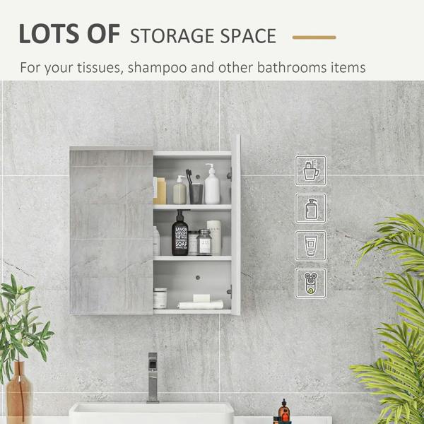 Bathroom mirror cabinet with door open to reveal shelves for toiletries