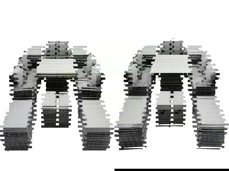 Fimous Outdoor Love Sofa Set 10 Seat Rattan Garden Furniture Set with Adjustable Lifting Dining or Coffee Table 2 Side Tables Dark Grey Mixed