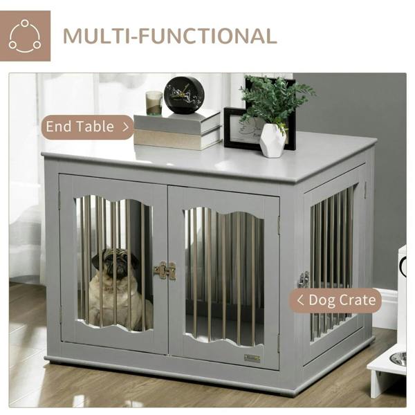 Grey dog crate end table with slatted doors, showing a dog inside