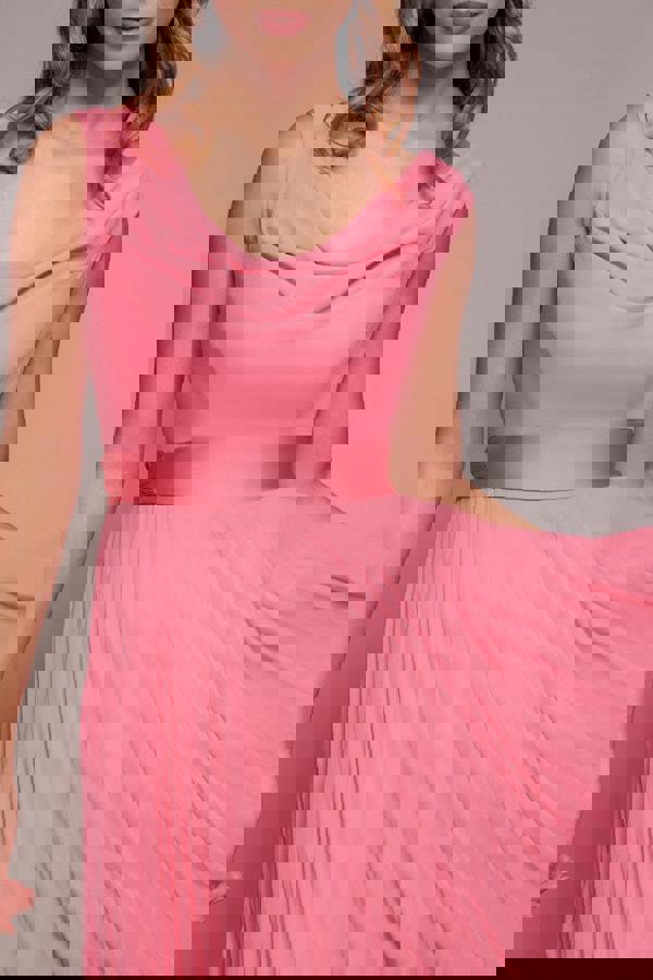 Cowl Neck Pleated A-Line Chiffon Midi Dress - Coral DR4501