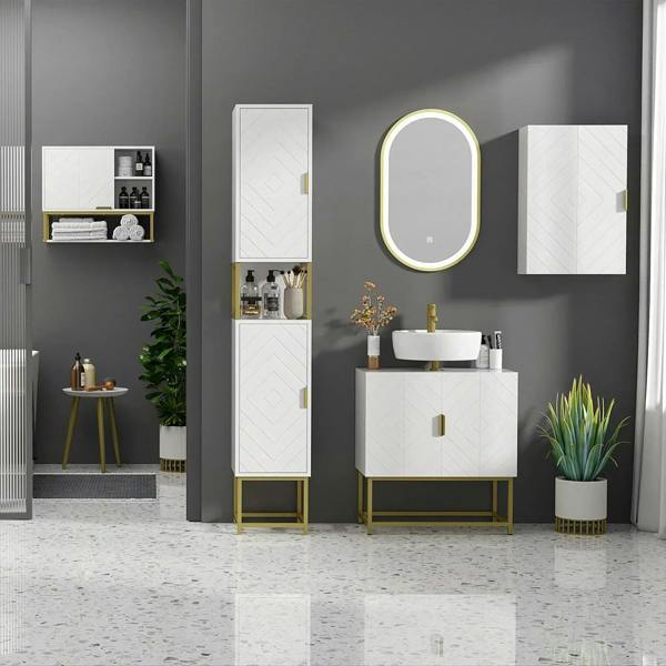 White freestanding bathroom tallboy cabinet with geometric door pattern and gold steel legs