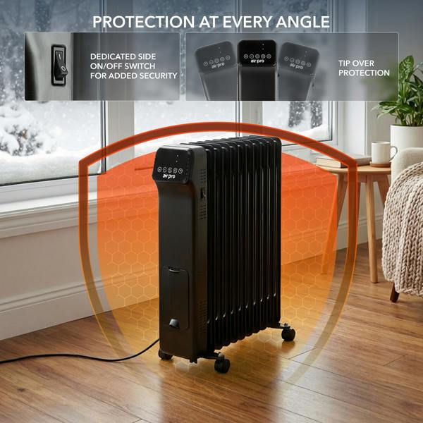 AIR PRO Oil-Filled Electric Radiator 2500W with Thermostat, 9 Hour Timer