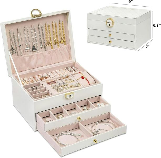Dyzi 3 Layer PU Leather Jewellery Box Organiser with Drawers White
