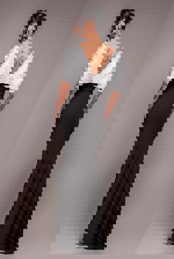 Contrast Off Shoulder Back Satin Bow Scuba Maxi Dress - Black Cream DR4708CONTRAST