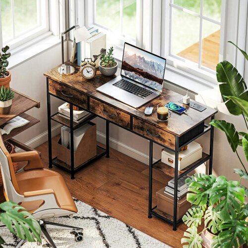 Wyld Haus Hariva 120cm Wooden Rustic Brown Home Office Desk With Power Sockets 3 Fabric Drawers And 4 Storage Shelves