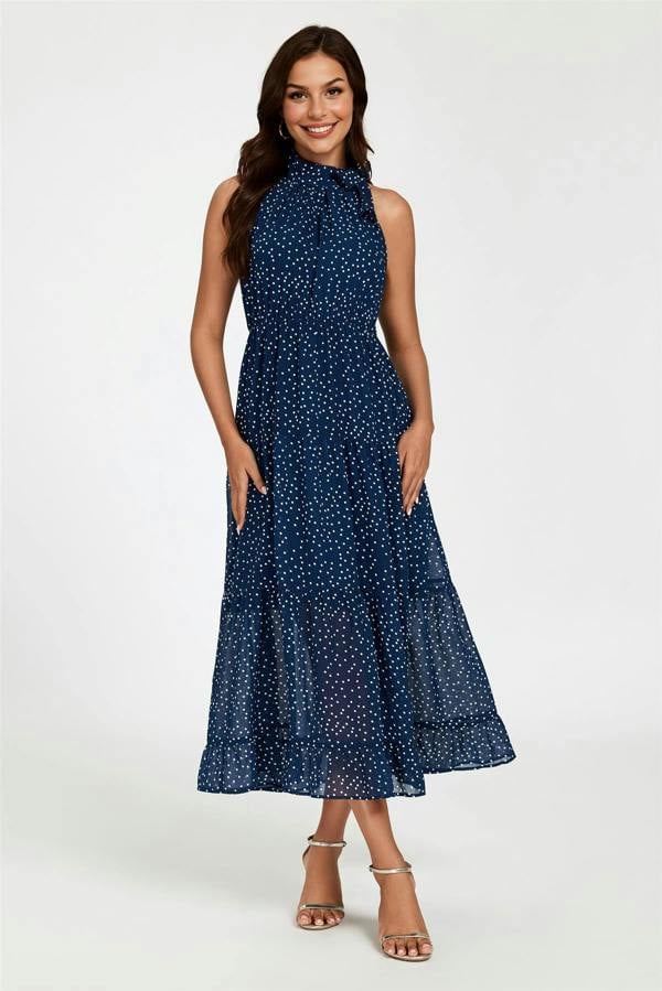 FS Collection Dot Print Halter Neck Maxi Dress In Navy