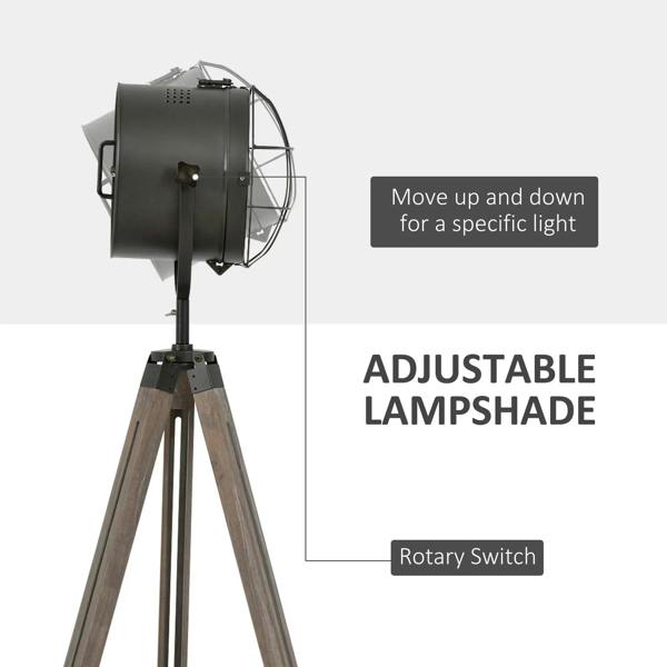 Grey floor lamp with adjustable lampshade spotlight head on tripod, wood legs
