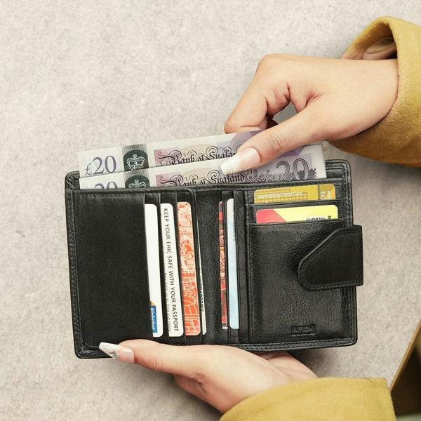 Interior of Black Paloma trifold purse showing card slots and compartments with RFID protection